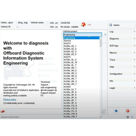 ODIS Engineering 19 vehicle project selection interface for Volkswagen Audi Skoda SEAT ECU programming and engineering diagnostics